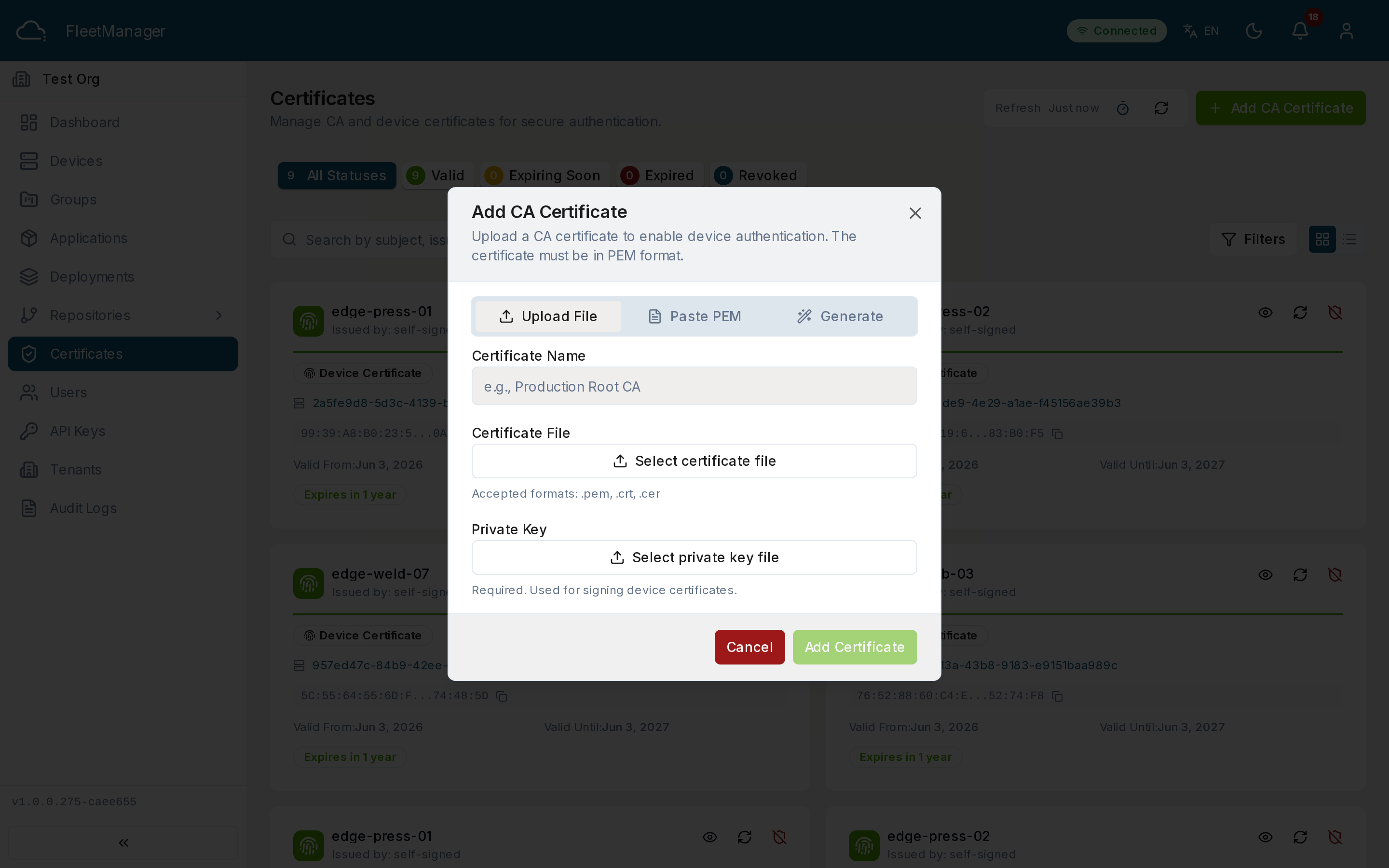 The Add CA Certificate dialog